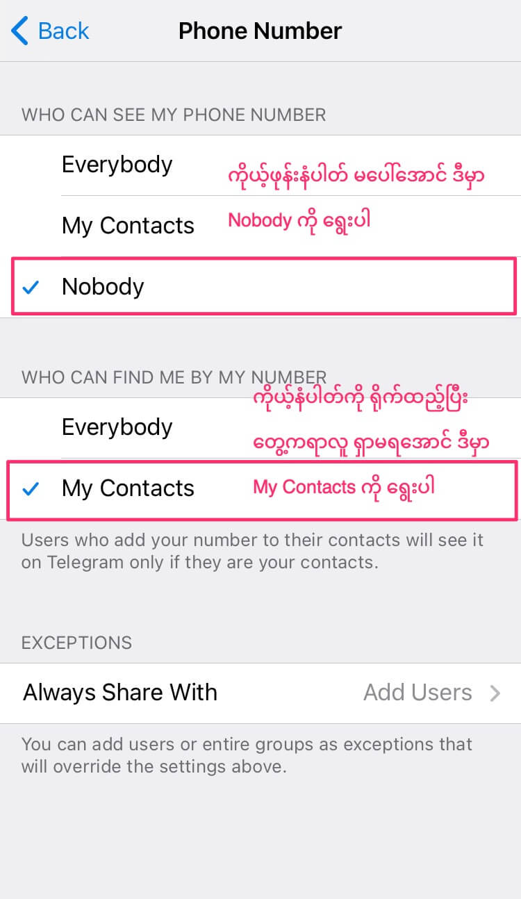 Telegram account privacy settings