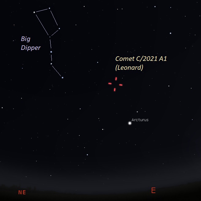 Comet Leonard ကို နေမထွက်မီ ၁ နာရီခန့်မှာ အရှေ့ဖက် မိုးကောင်းကင် ခုနှစ်စဉ် ကြယ်ရဲ့ အမြီး နားဝန်းကျင်မှာ ရှာတွေ့နိင်ပါတယ်။