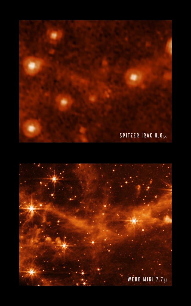 Spitzer Space Telescope က ရိုက်ကူးထားတဲ့ ပုံ (အပေါ်ပုံ) နဲ့ James Webb က ရိုက်ထားတဲ့ ပုံ (အောက်ပုံ) ကို ယှဉ်တွဲ မြင်နိုင်ပါတယ်