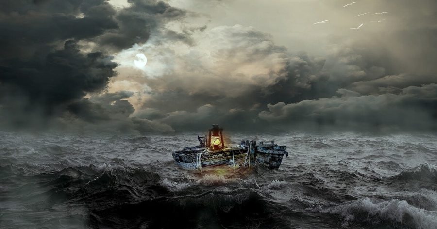 ship wreck at storm sea